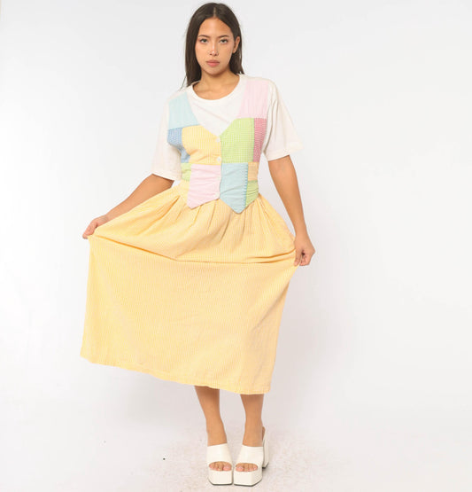90s J.G. Hook Gingham Patchwork Pinafore Dress Yellow White Midi Cotton Medium M