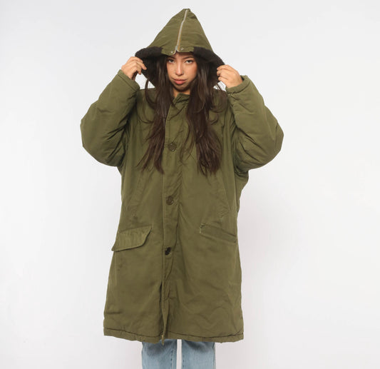 70s Olive Military Parka Faux Fur Hood Hooded Winter Coat Large