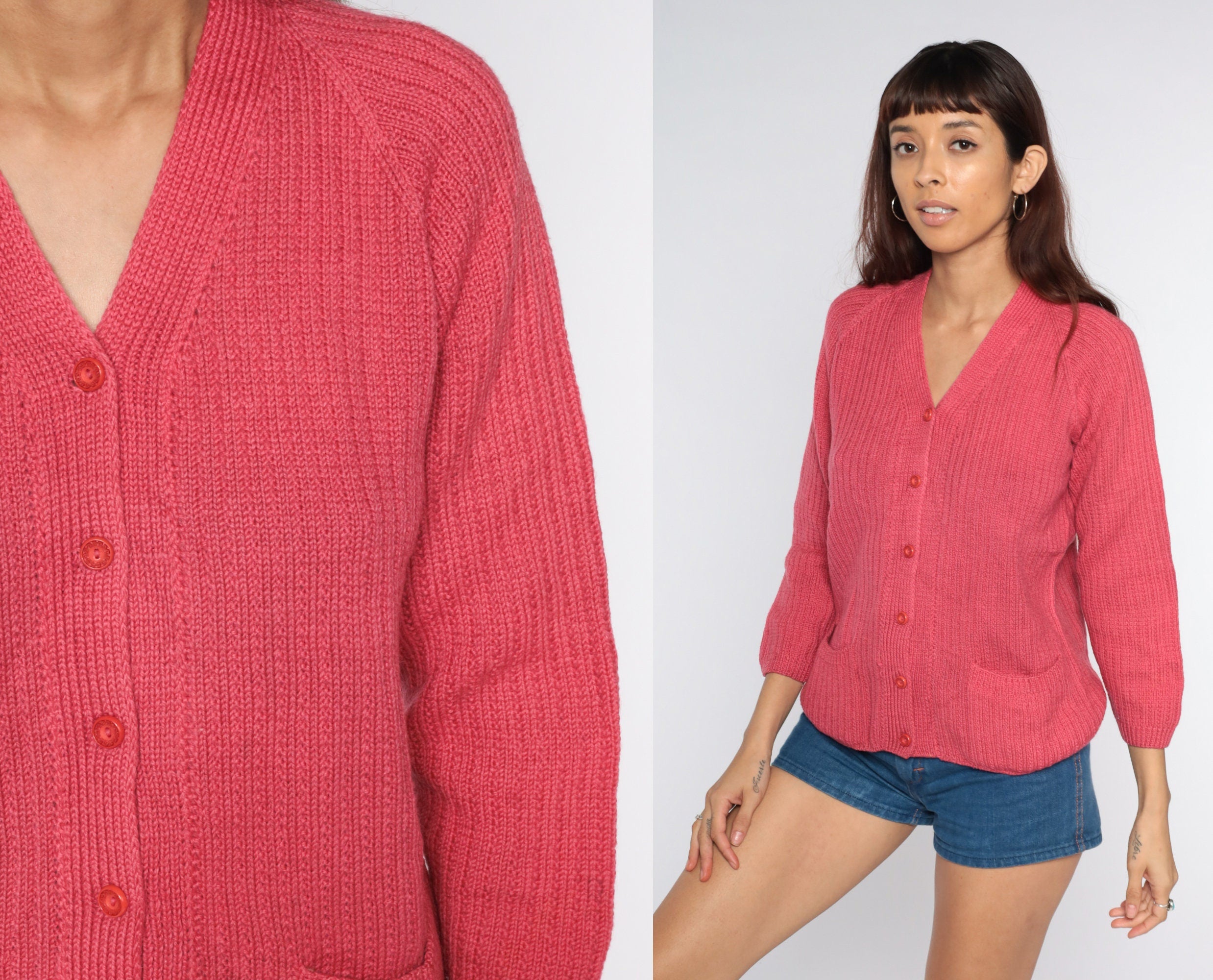 Pink Cardigan Sweater 70s Sweater Raglan Sleeve Plain Wool Blend
