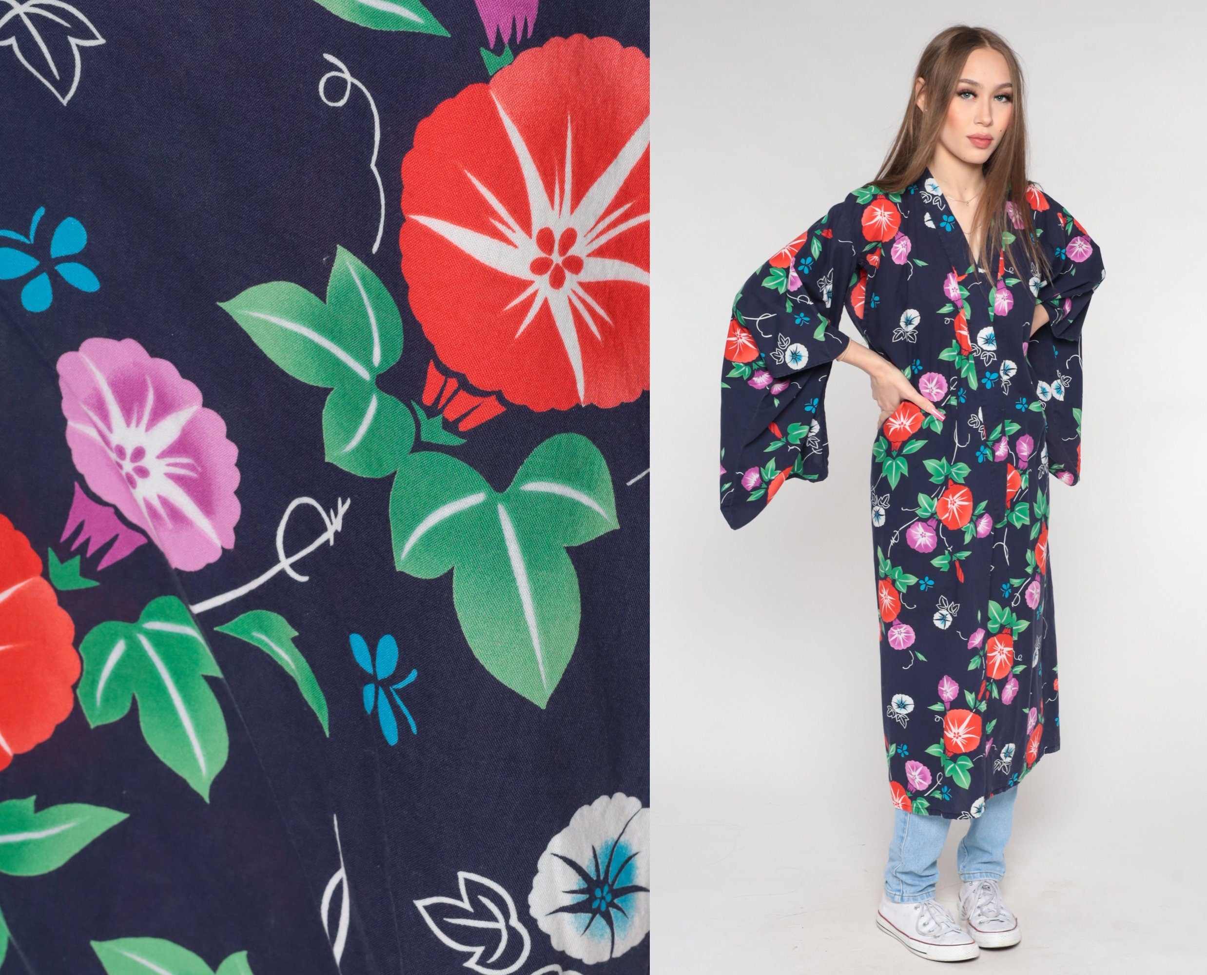 Floral Kimono Robe Jacket 90s Bohemian Wrap Blue Cotton Flower Print V