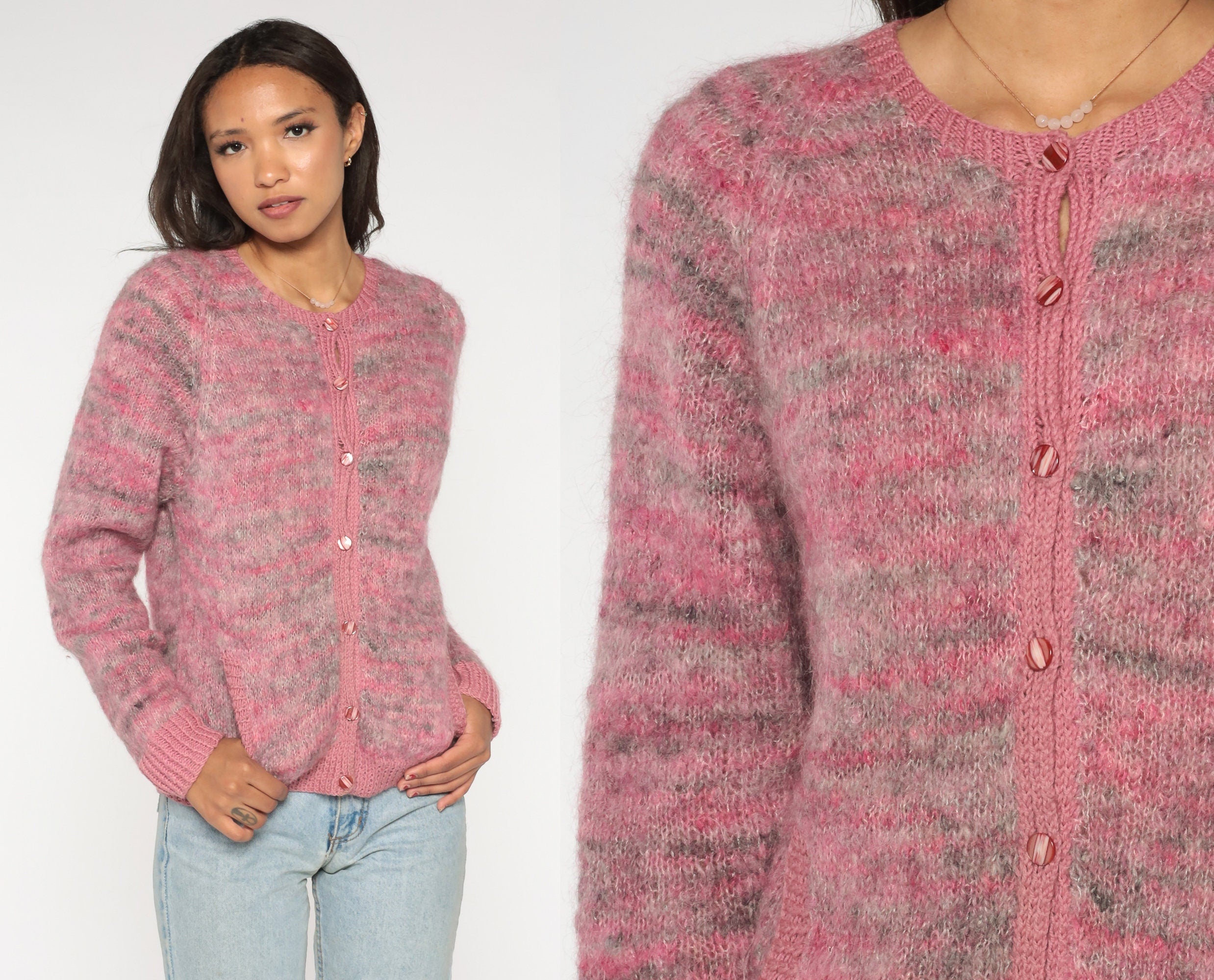 Space Dye Cardigan 80s Pink Mohair Button Up Knit Sweater Bohemian Kni