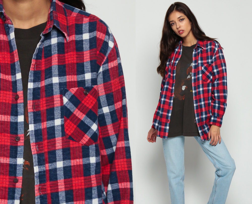 90s Navy Plaid Flannel Shirt Red White Button-Up Long Sleeve Medium