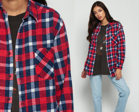 90s Navy Plaid Flannel Shirt Red White Button-Up Long Sleeve Medium