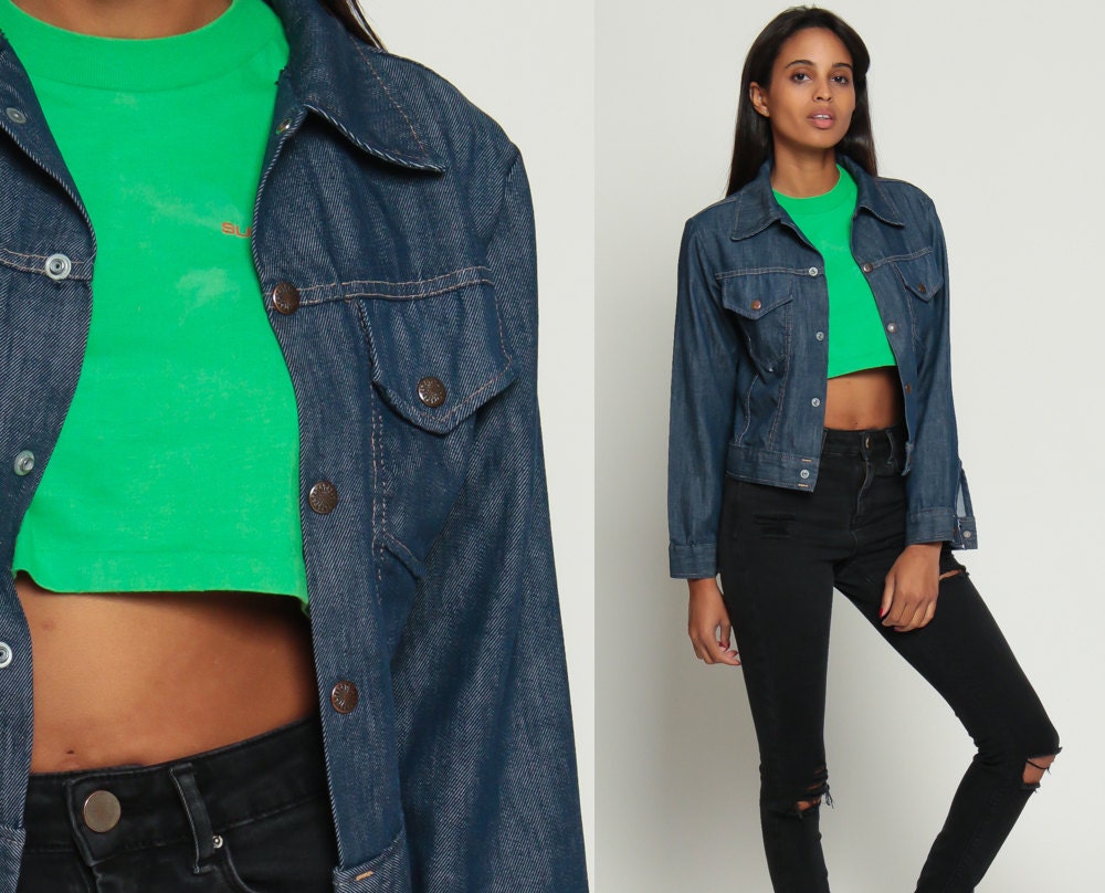 70s Dark Denim Jacket Snap Front Jean Coat Unisex Extra Small