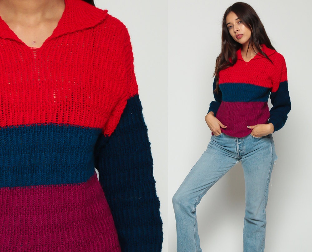 70s Striped Color Block Knit Sweater Collar Red Blue Semi-Sheer Medium