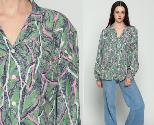 70s Striped Brush Stroke Blouse Green Pink Button Up Long Sleeve Extra Large