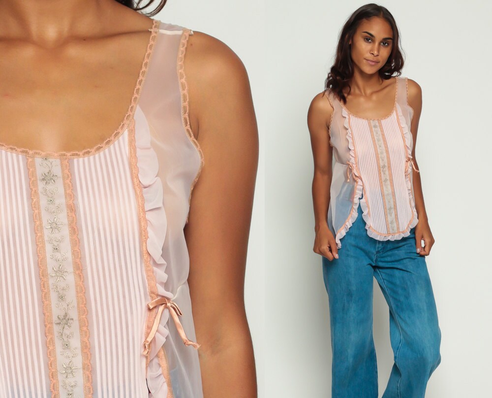 70s Pastel Pink Sheer Lace Babydoll Lingerie Top Ruffle Large