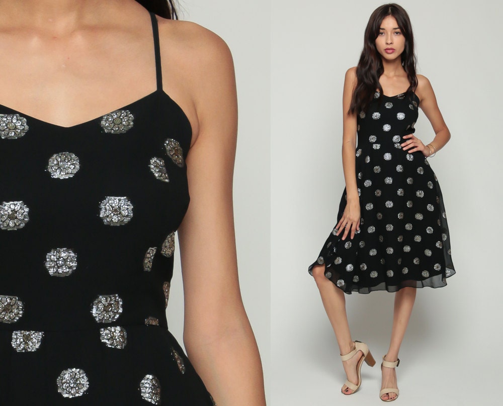 70s Black Metallic Floral Midi Dress Spaghetti Strap High Waist Extra Small