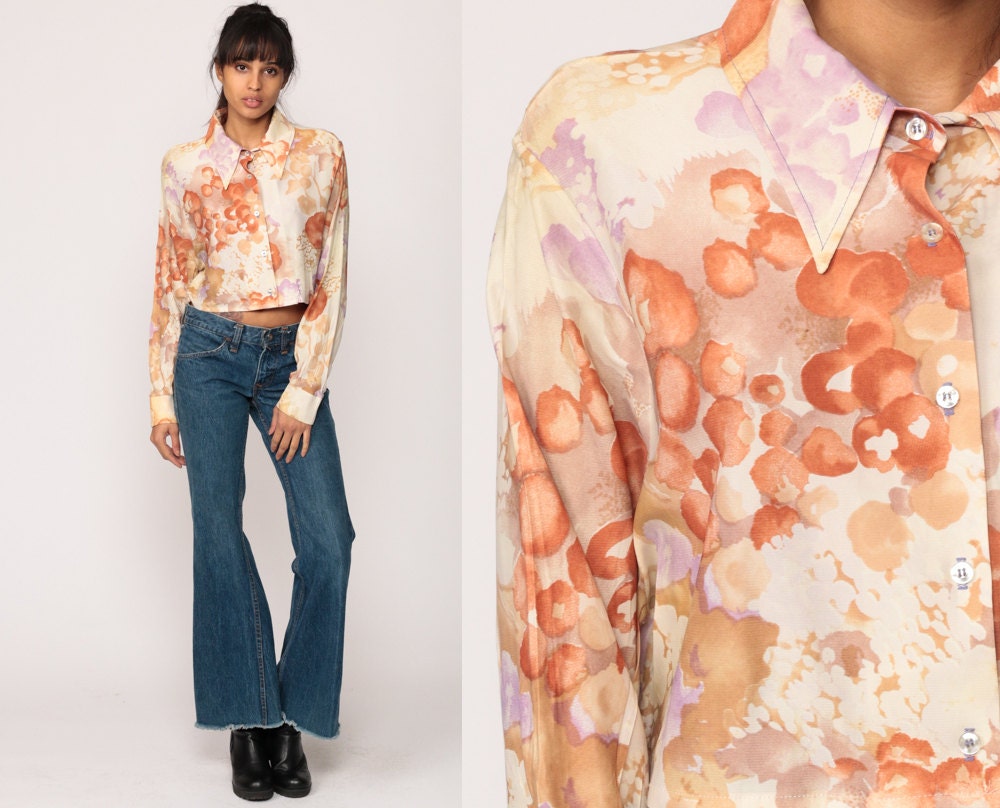 70s Watercolor Floral Button-Up Blouse Long Sleeve Crop Top Medium Large