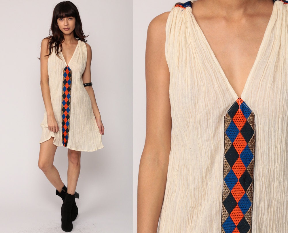 70s Cotton Gauze Embroidered Mini Dress Cream V-Neck Sleeveless Medium Large