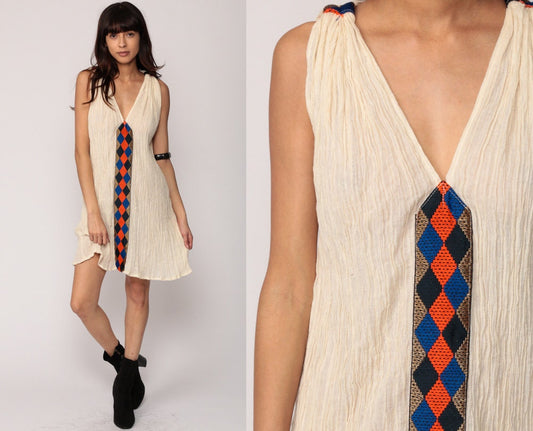 70s Cotton Gauze Embroidered Mini Dress Cream V-Neck Sleeveless Medium Large