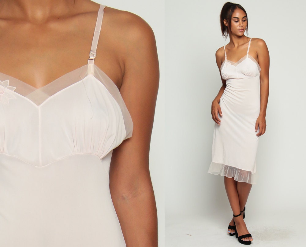 60s Baby Pink Embroidered Nylon Nightgown Empire Waist Midi Small