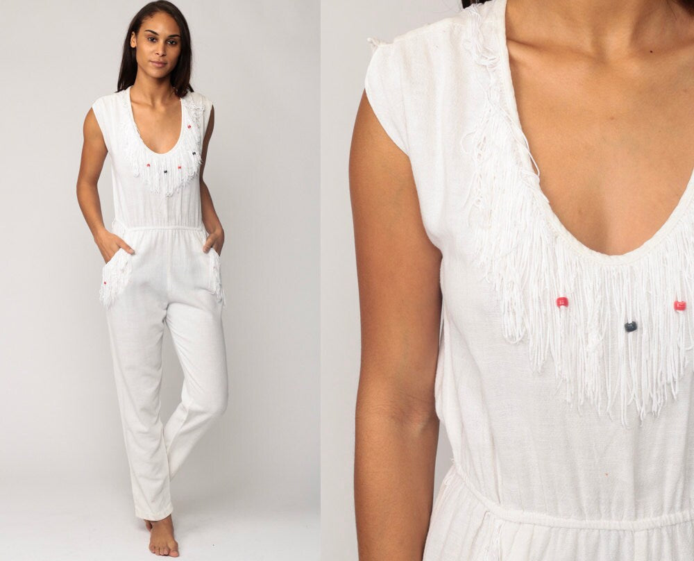 80s White Jumpsuit Beaded Fringe Cap Sleeve High Waist Tapered Cotton Small Medium