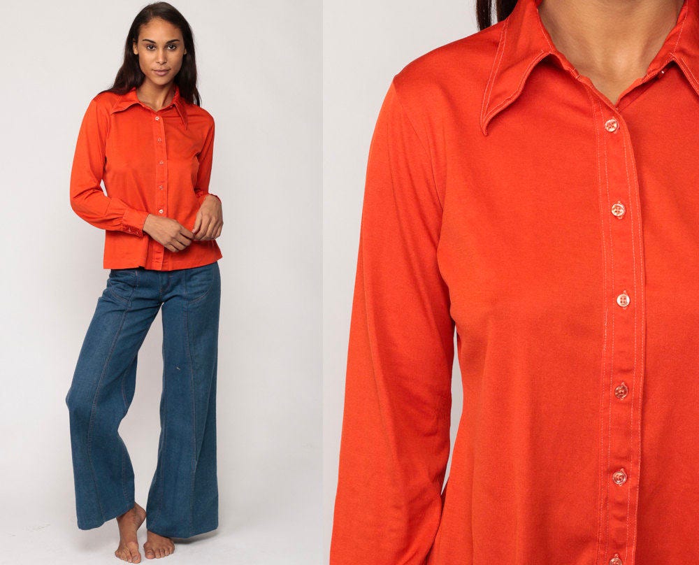70s Orange Button-Up Shirt Long Sleeve Collared Blouse Large