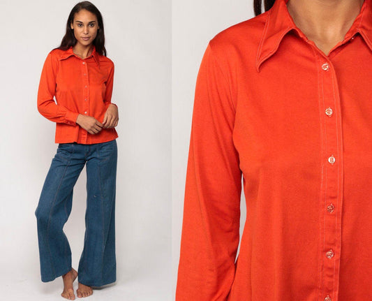 70s Orange Button-Up Shirt Long Sleeve Collared Blouse Large