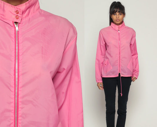 80s Pink Nylon Windbreaker Jacket Funnel Neck Shell Small Medium