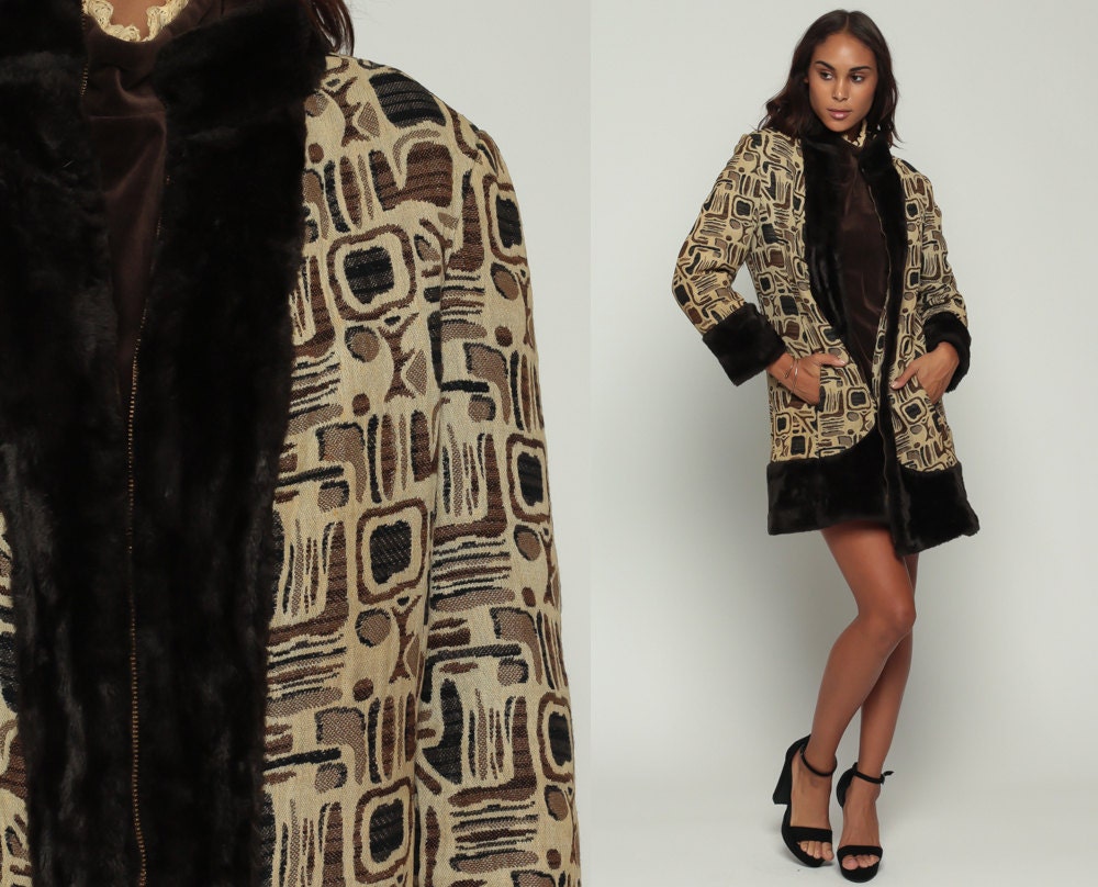 70s Tapestry Faux Fur Coat Brown Zip Front Jacket Medium