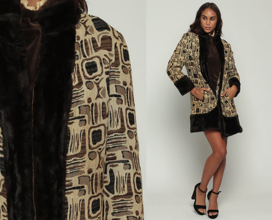 70s Tapestry Faux Fur Coat Brown Zip Front Jacket Medium