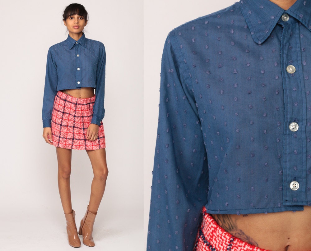 70s Blue Polka Dot Crop Top Long Sleeve Button Up Blouse Small Medium