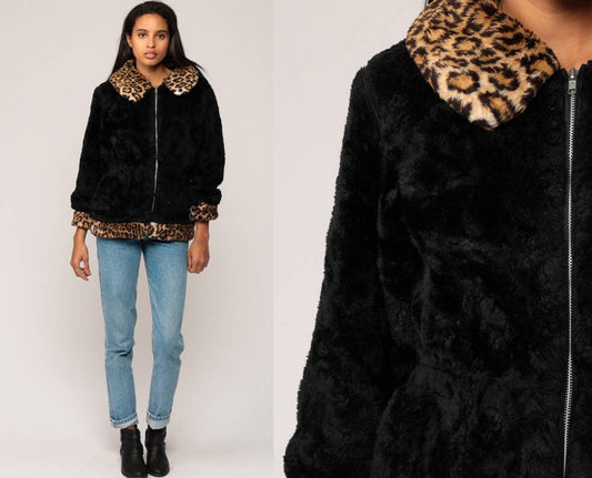 90s Black Leopard Print Faux Fur Jacket Small