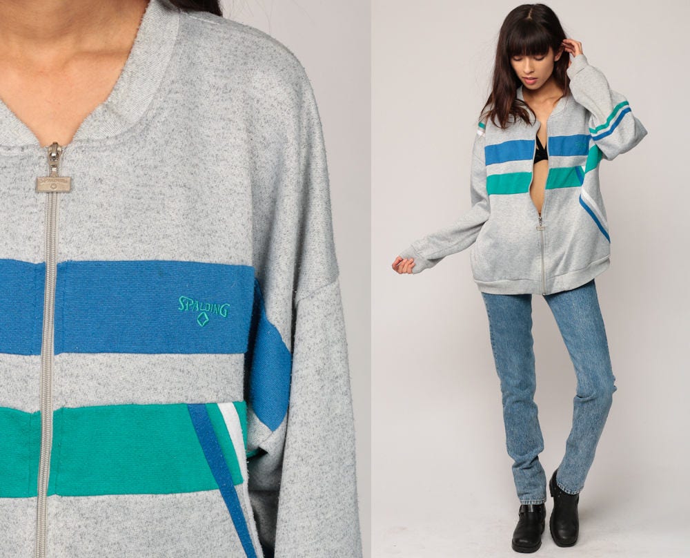 80s Spalding Zip-Up Sweatshirt Striped Track Jacket Grey Green Blue Extra Large XXL