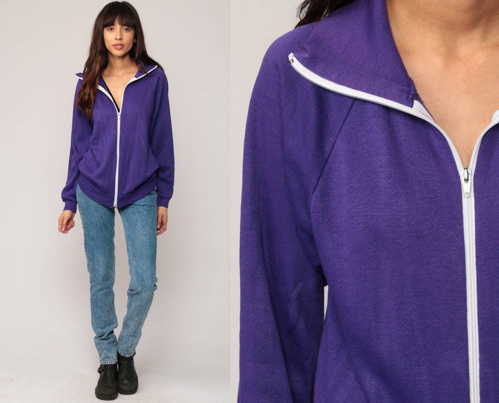 80s Purple Track Jacket Raglan Zip Up Sweatshirt Small