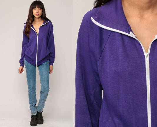 80s Purple Track Jacket Raglan Zip Up Sweatshirt Small