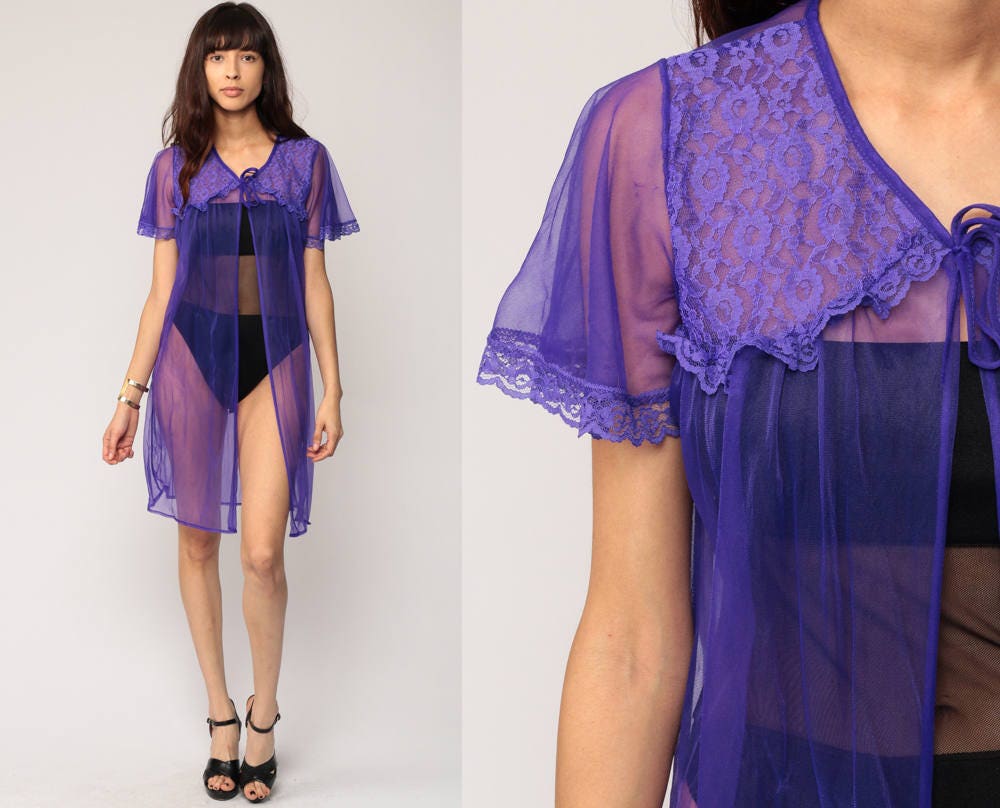 80s Purple Sheer Lace Kimono Robe Flutter Sleeve Bed Jacket Medium
