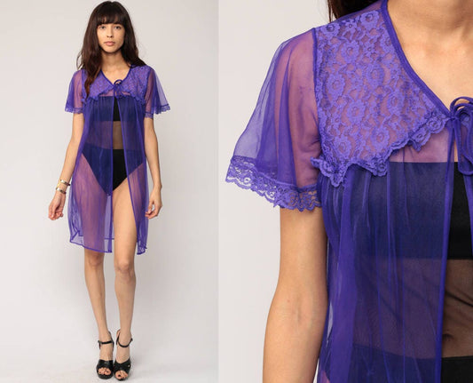 80s Purple Sheer Lace Kimono Robe Flutter Sleeve Bed Jacket Medium