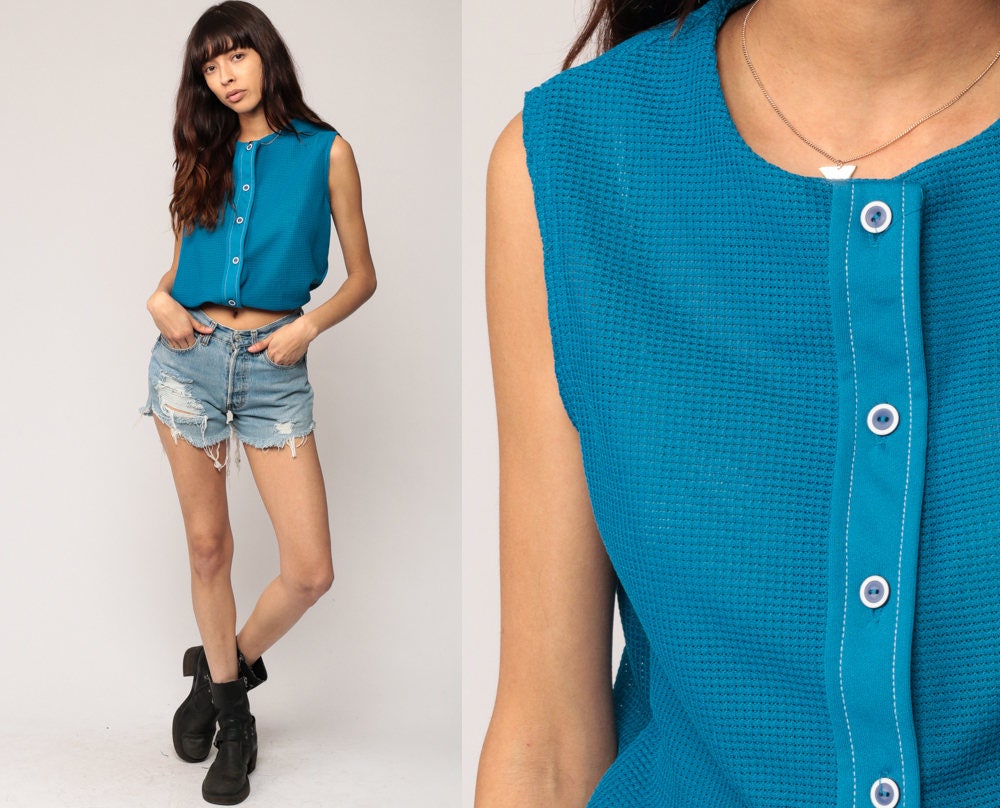 80s Blue Sleeveless Button-Up Tank Top Medium