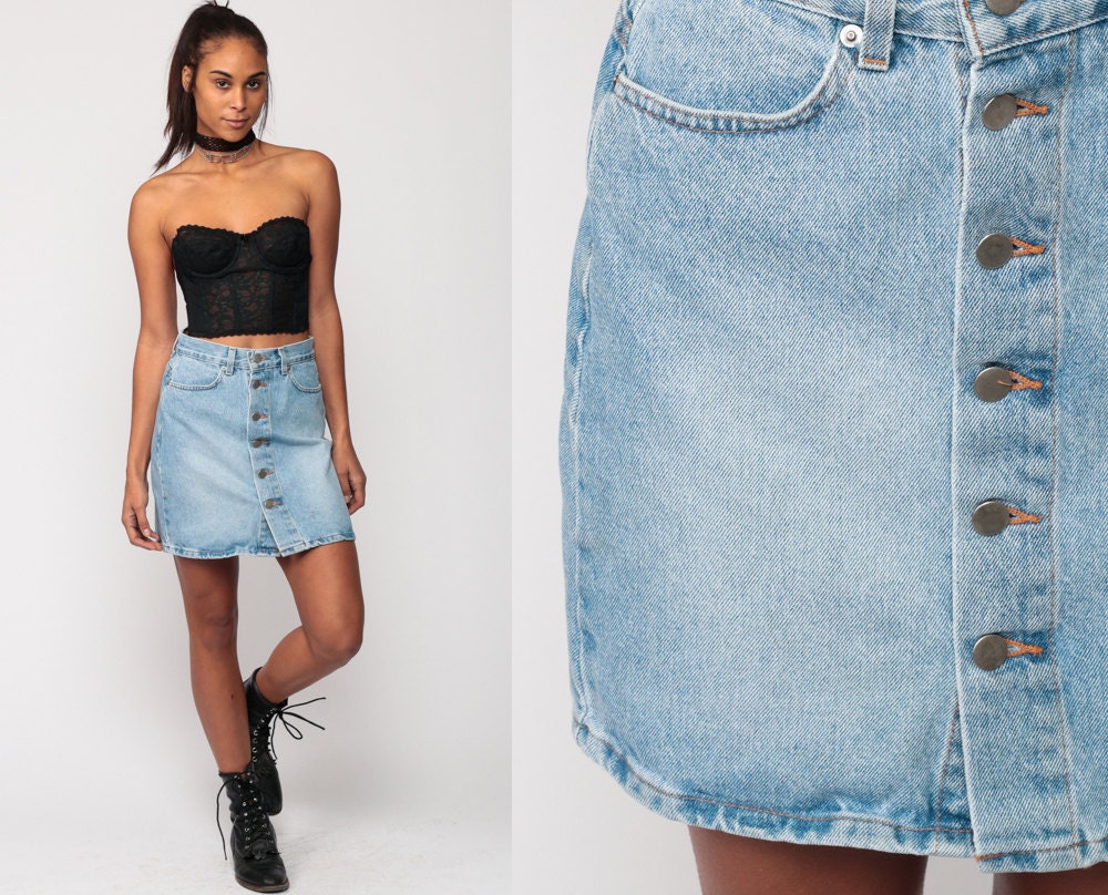 90s High Waisted Denim Mini Skirt Button Up Blue Jean Extra Small