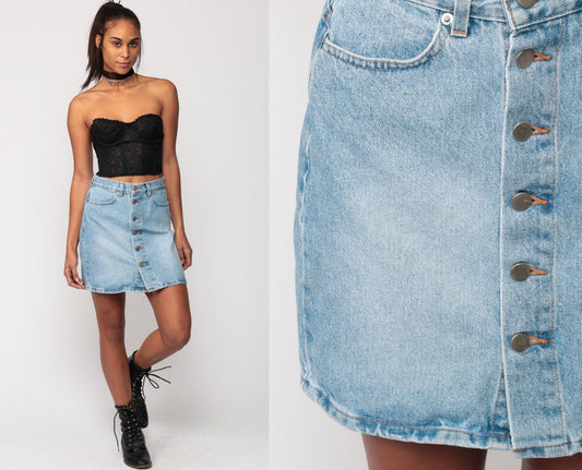 90s High Waisted Denim Mini Skirt Button Up Blue Jean Extra Small