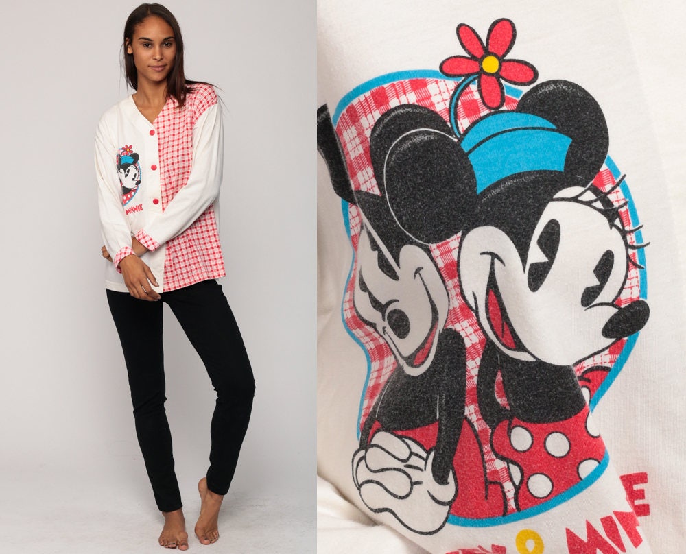 80s Disney Mickey Minnie Mouse Pajama Shirt Red Plaid Button-Up Large