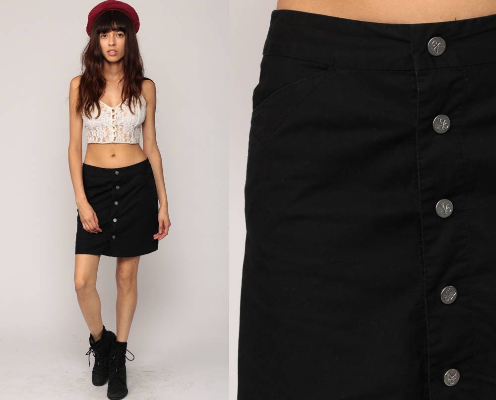 90s Calvin Klein Black Mini Skirt Button Front Cotton Small