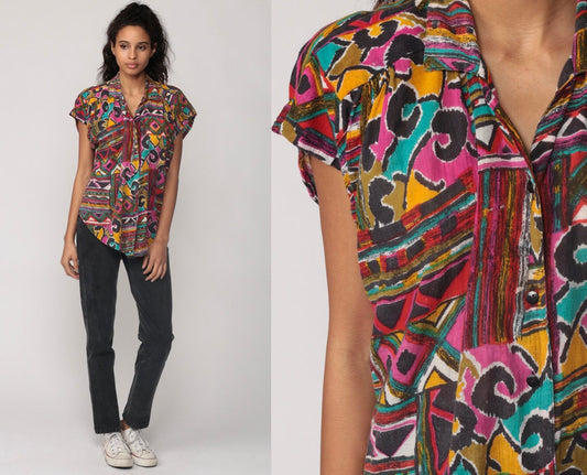 80s Tribal Southwestern Aztec Button-Up Blouse Cap Sleeve Multicolor Small Medium