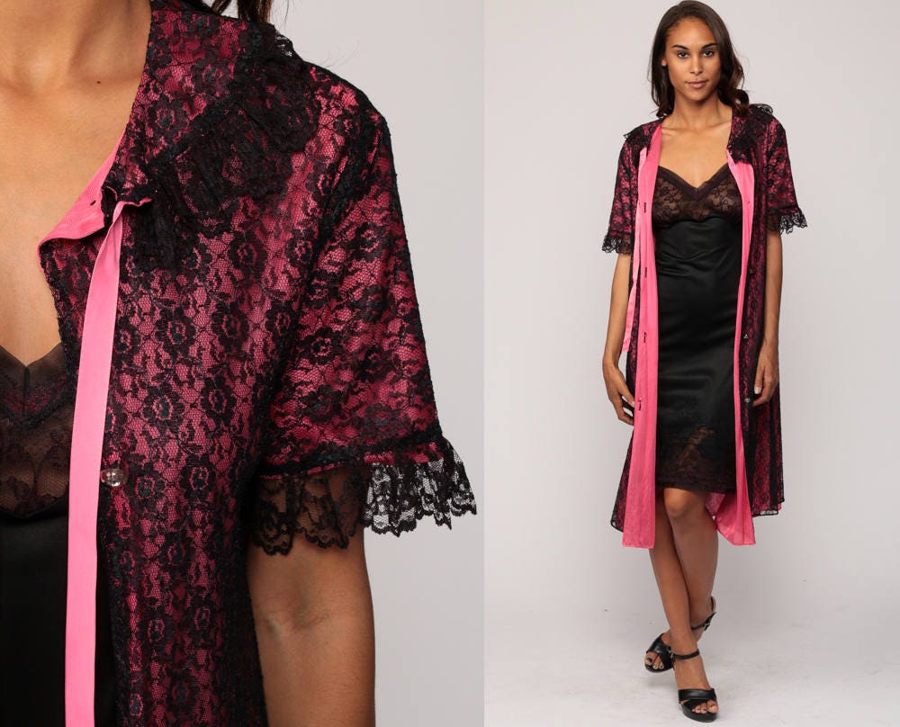70s Black Lace Lingerie Robe Hot Pink Lining Button-Up Bed Jacket Small