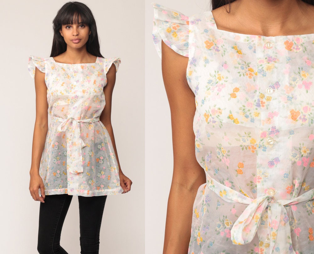 70s Floral Sheer Blouse White Flutter Sleeve Button Up Tunic Extra Small