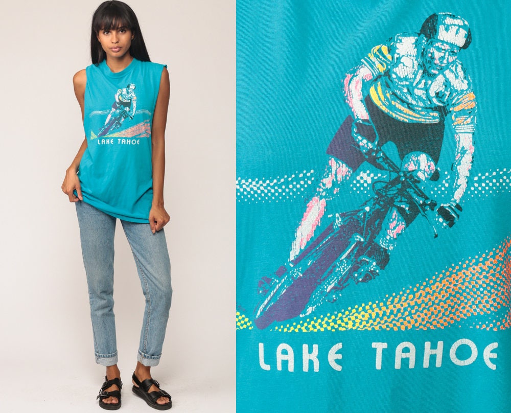 80s Lake Tahoe Bicycle Tank Top Graphic Tee Turquoise Medium