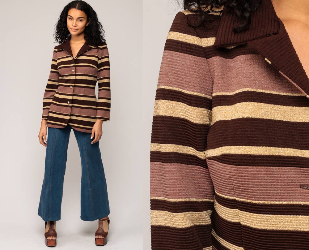 70s Striped Jacket Brown Gold Metallic Button-Up Coat Small