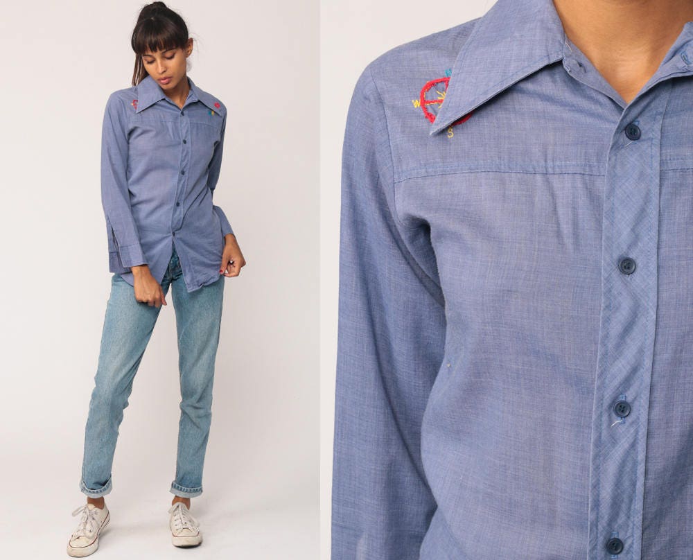 70s Western Chambray Shirt Embroidered Compass Flowers Blue Long Sleeve Extra Small