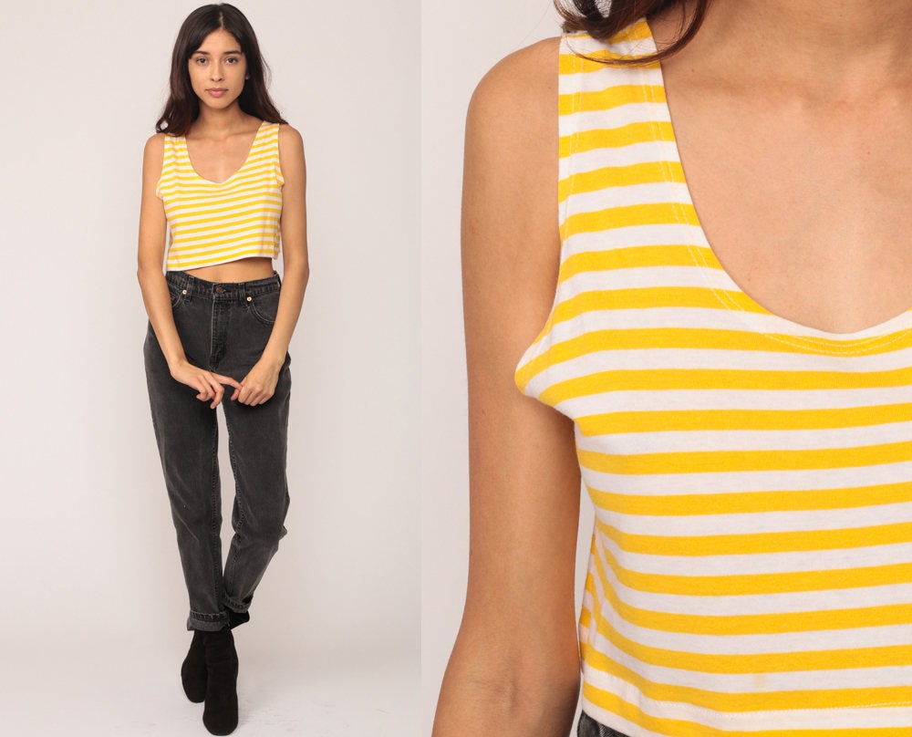 80s Yellow & White Striped Crop Tank Top Medium