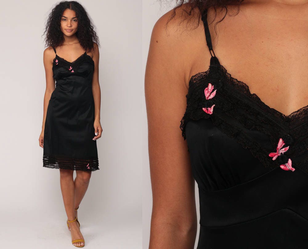 70s Black Slip Dress Lace Pink Floral Empire Waist Mini Nightgown Small Medium