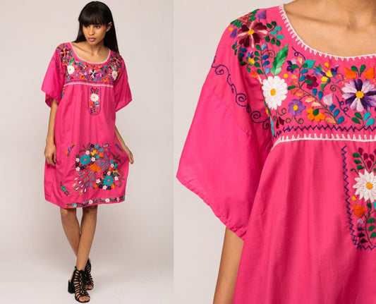 80s Mexican Embroidered Peacock Tunic Dress Hot Pink Cotton Extra Large XXL