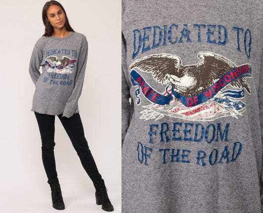 90s ABATE of Wisconsin Eagle Motorcycle Long Sleeve Shirt Grey Large