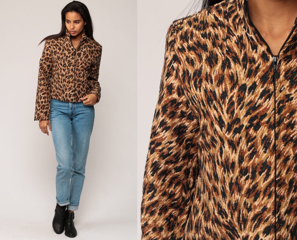 90s Leopard Print Tapestry Jacket Zip Up Grunge Animal Extra Small