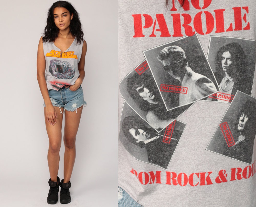 Alcatrazz No Parole 1983 Band Tee Distressed Cutoff Grey Small Medium