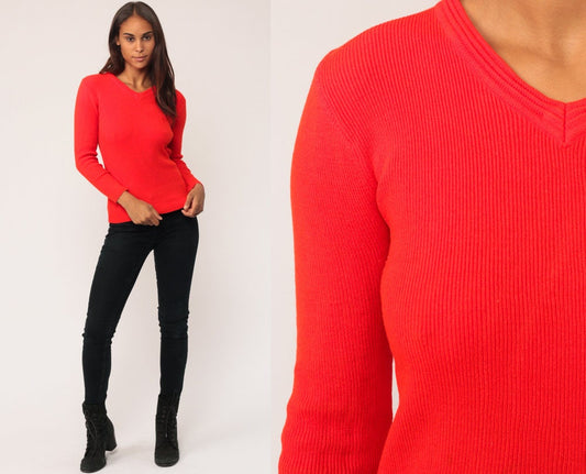 70s Red Knit V-Neck Sweater Long Sleeve Top Extra Small XS