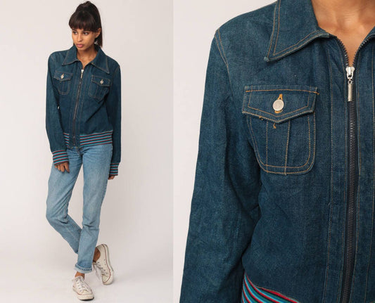 90s Blue Denim Jacket Striped Trim Zip-Up Small