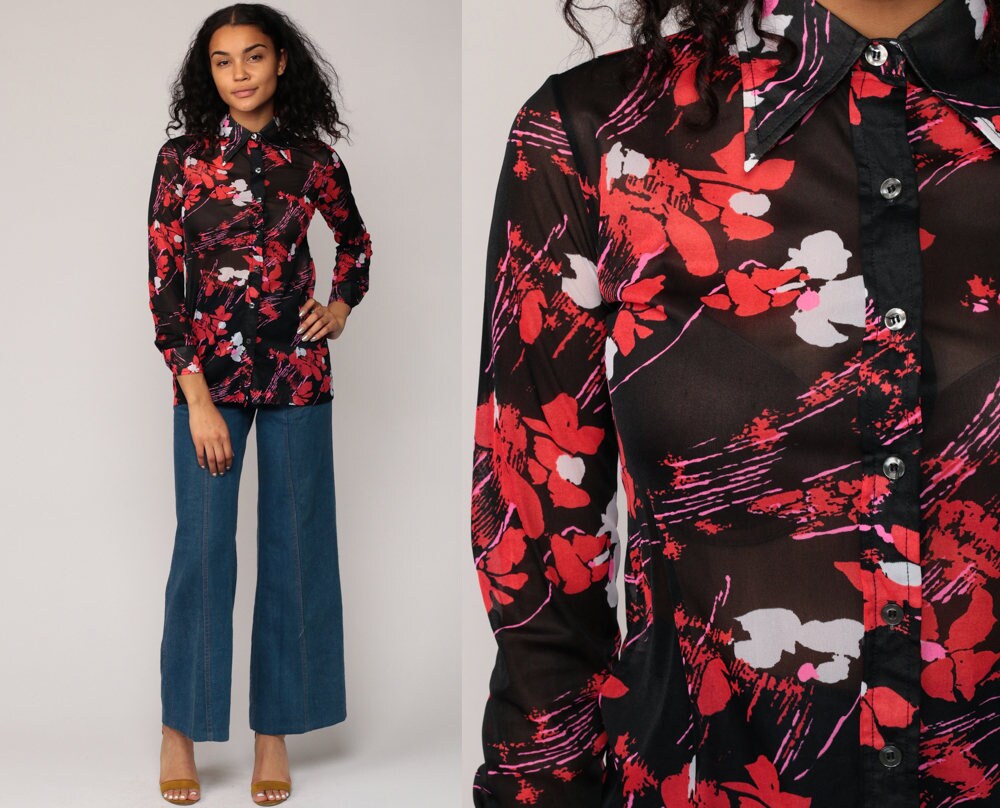 70s Black Floral Button-Up Blouse Long Sleeve Sheer Collar Small
