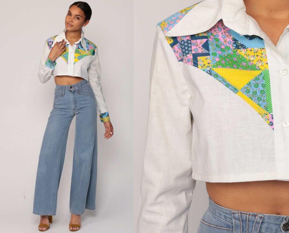70s Western Shirt Patchwork Floral Yoke Crop Top White Long Sleeve Small